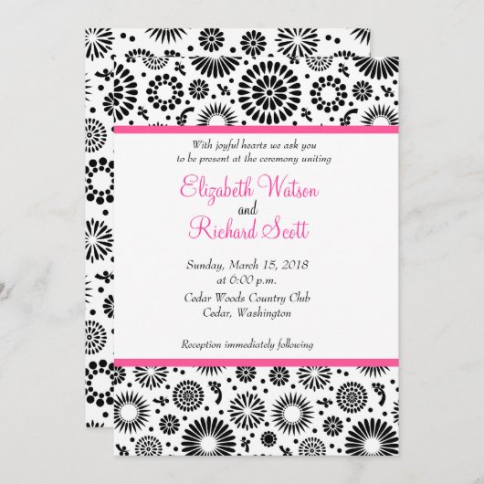 Retro zwarte witte bloemen bruiloft kaart (Voorkant / Achterkant)