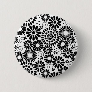 Retro zwarte witte bloemen Button