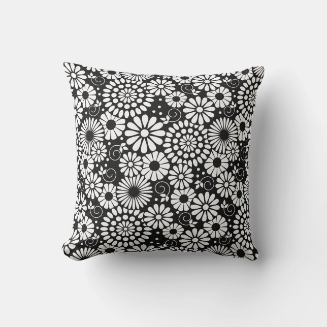 Retro zwarte witte bloemen Pillow Kussen (Voorkant)