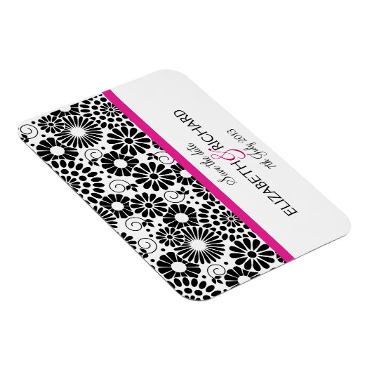 Retro zwarte witte bloemen 'Save the date' magneet (Rechterzijde)