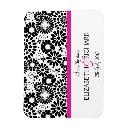 Retro zwarte witte bloemen 'Save the date' magneet (Verticaal)
