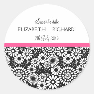 Retro zwarte witte bloemen "Save the Date"-Sticker Ronde Sticker