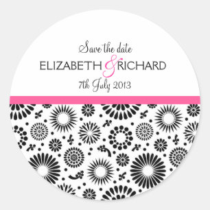 Retro zwarte witte bloemen "Save the Date"-Sticker Ronde Sticker