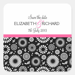 Retro zwarte witte bloemen "Save the Date"-Sticker Vierkante Sticker