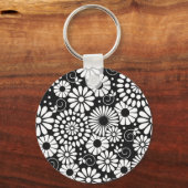 Retro zwarte witte bloemen Sleutelhanger (Voorkant)