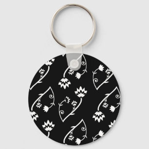 Retro zwarte witte bloemen Sleutelhanger