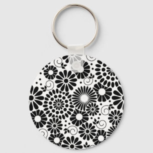 Retro zwarte witte bloemen Sleutelhanger