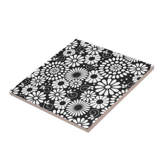 Retro zwarte witte bloemen Tegel Tegeltje (Zijkant)