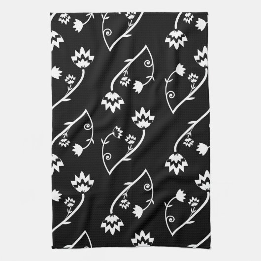 Retro zwarte witte bloemen Towel Theedoek (Verticaal)