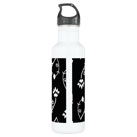 Retro zwarte witte bloemen waterfles (Achterkant)