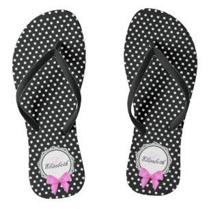 Retro zwarte witte polka stip roze strik naam vrou teenslippers