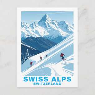 Retro Zwitserse Alpen Skien, Zwitserland Reizen Briefkaart