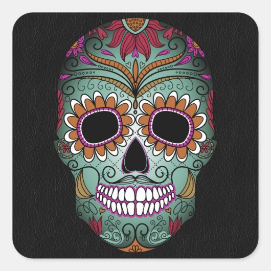 Retrodag van de dode suikerschedel op leder vierkante sticker (Voorkant)
