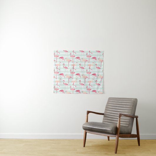 Retroflamingos op mintstrips wandkleed (In Situ (horizontaal))