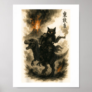 Retrokalligrafie Cat Dinosaur Vulkanische Eruptie Poster