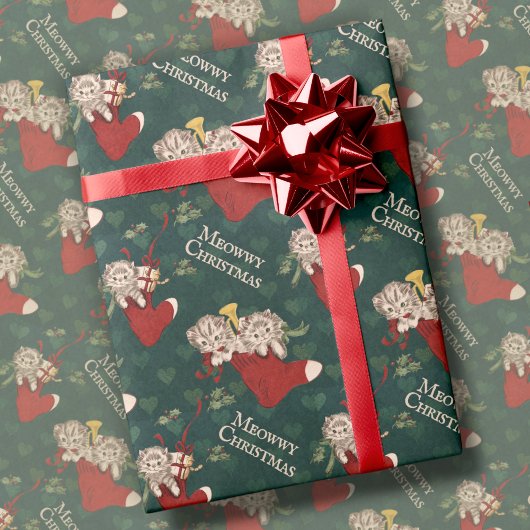 Retrokatten in kousen Meowy Kerstmis Cadeaupapier