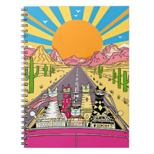 Retrokatten op vakantie gaan op een wegtrip notitieboek