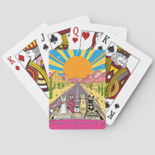 Retrokatten op vakantie gaan op een wegtrip pokerkaarten