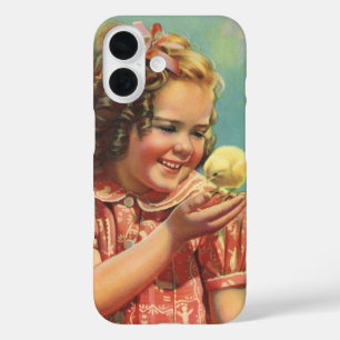 Retromeisje met Baby Kuiken, Gelukkig Kind Lachend iPhone 16 Hoesje