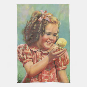 Retromeisje met Baby Kuiken, Gelukkig Kind Lachend Theedoek