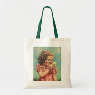 Retromeisje met Baby Kuiken, Gelukkig Kind Lachend Tote Bag