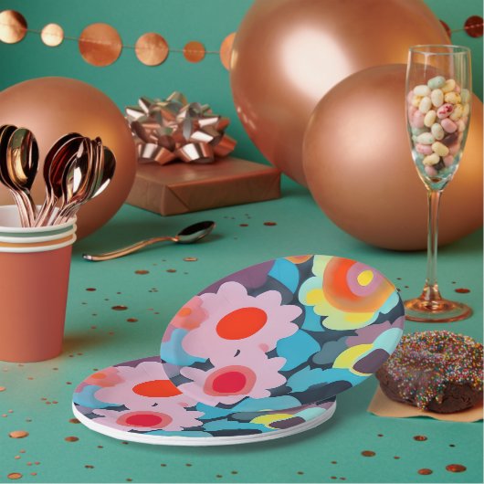 Retromod bloemen papieren bordje (Multi)