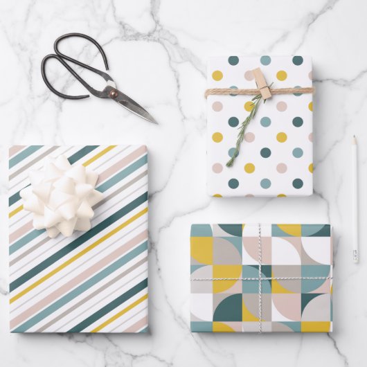 RetroMod Patterns Aqua Teal Blue Blush Pink Yellow Inpakpapier Vel (Voorkant)