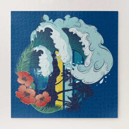 Retroontwerp van strand, palmbomen en oceaangolven legpuzzel (Horizontaal)