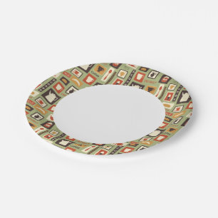 Retropatroon met keukengerei voor het ontbijt papieren bordje