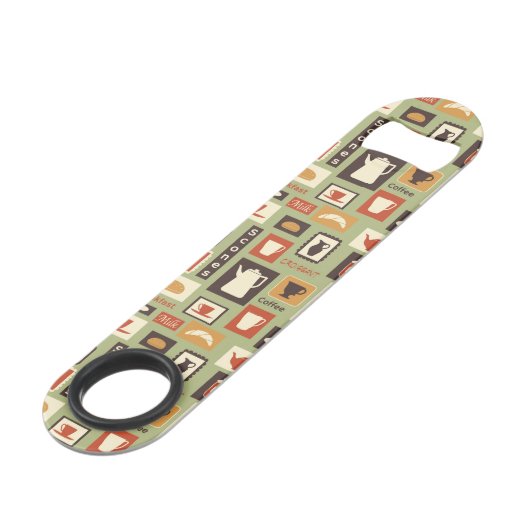 Retropatroon met keukengerei voor het ontbijt speed flessenopener (Achterkant Gekanteld)