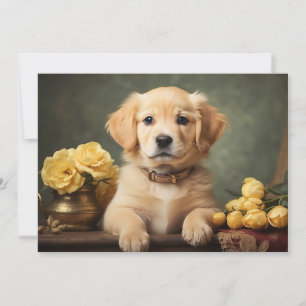 Retroportret van een Moppige Gouden Retriever Pupp Feestdagenkaart