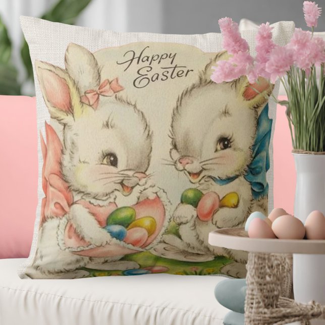  retrorespot Bunny Couple Kussen (Vintage Happy Easter Bunnies With Easter Eggs Throw Pillow)