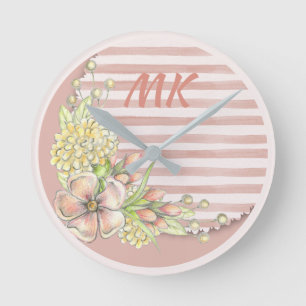  retrorroze Florale strepen monogrammen Ronde Klok