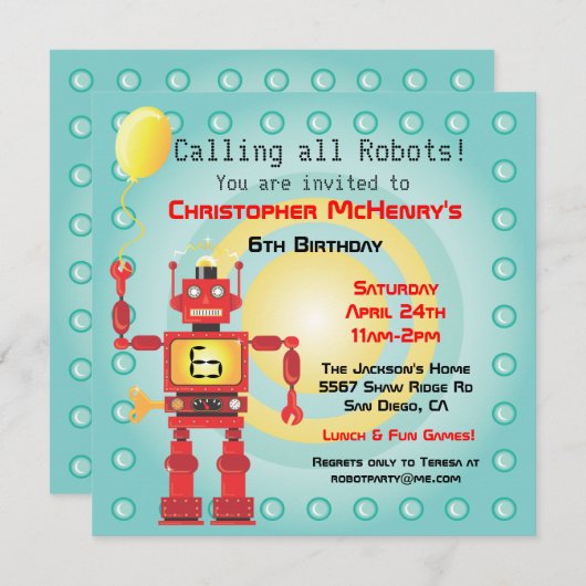 Rétros invitations de fête d'anniversaire de robot (Devant / Derrière)