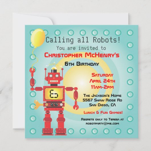 Rétros invitations de fête d'anniversaire de robot (Devant)