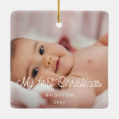 Retroscript Mijn eerste kerstfoto baby Keramisch Ornament (Achterkant)