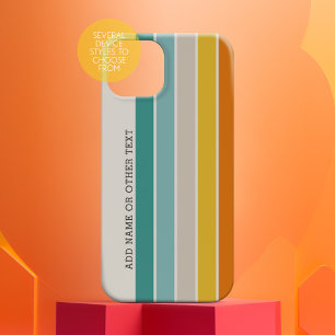 Retrostrepen blauwgroen oranje goud met zijtekstna Case-Mate iPhone 14 hoesje