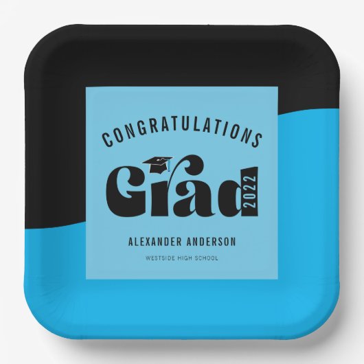 Retrotekst Licht Helderblauw en zwart Afstuderen Papieren Bordje (Voorkant)