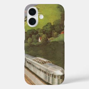 Retrovakantie met de trein, locomotief op het plat iPhone 16 hoesje