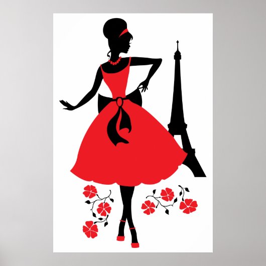 Retrovrouw rood zwart silhouet met Eiffeltoren Poster (Voorkant)