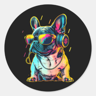 Retrowave French Bulldog met Headphones en Sungl Ronde Sticker