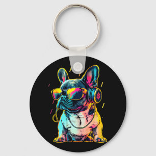 Retrowave French Bulldog met Headphones en Sungl Sleutelhanger