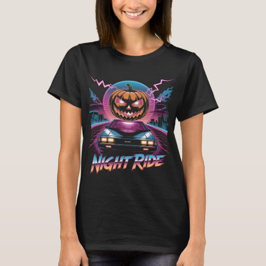 Retrowave Halloween Pumpkin Night Ride T-shirt | 8 (Voorkant)