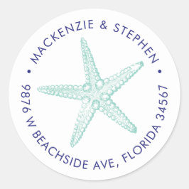 Return Address Blue Blauwgroen Starfish Beach Wedd Ronde Sticker