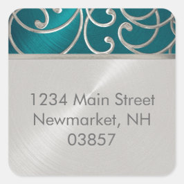 Return Address Elegant Blauwgroen Blue Silver Fili Vierkante Sticker