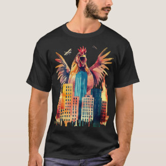 Reuzen kip haan die stad aanvalt, grappig dier t-shirt