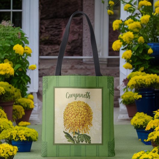 Reuzengouden Chrysant met Groene Damast Draagtas