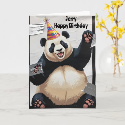 Reuzenpanda die rechtop zit met een verjaardagshoe kaart (Gele Bloem)