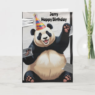 Reuzenpanda rechtop zittend met verjaardagshoed kaart