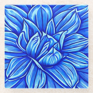 Reuzenpioen Bloem Patroon in Indigo Blue Glazen Onderzetter